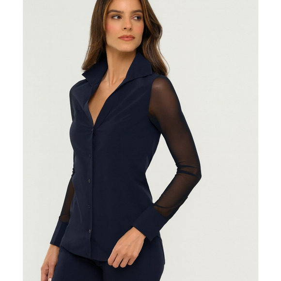 Anatomie Beth Button-Front Shirt Blue Mesh Sleeve Collared Blouse Size Small - Picture 1 of 7